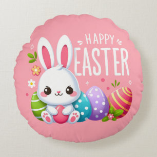 Schattige, roze Happy Easter bunny Rond Kussen