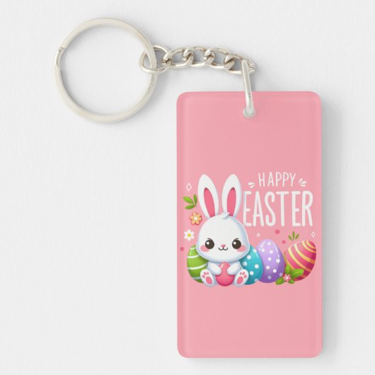 Schattige, roze Happy Easter bunny Sleutelhanger (Voorkant)