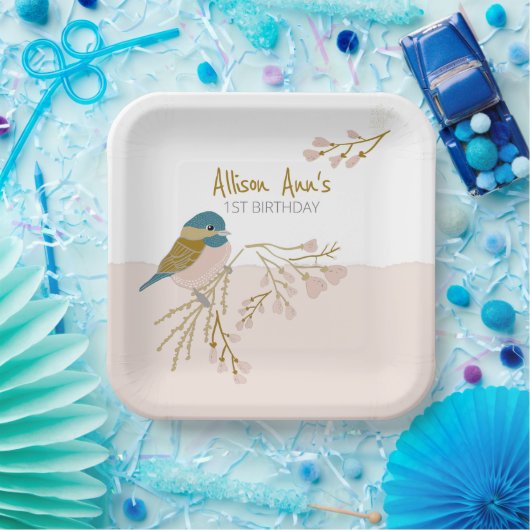 Schattige roze harten chickadee vogel bloemig aanp papieren bordje (Feest)