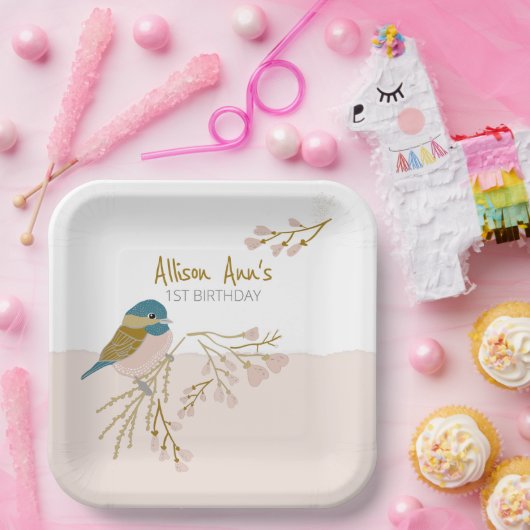 Schattige roze harten chickadee vogel bloemig aanp papieren bordje (Feest)