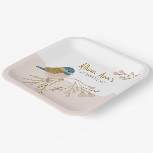 Schattige roze harten chickadee vogel bloemig aanp papieren bordje (Gebogen)