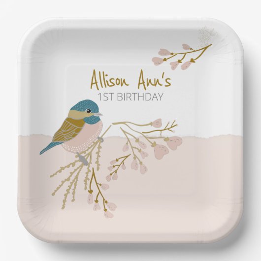 Schattige roze harten chickadee vogel bloemig aanp papieren bordje (Voorkant)
