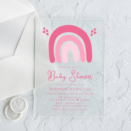 Schattige roze harten en regenbogen Baby shower Acryl Uitnodigingen