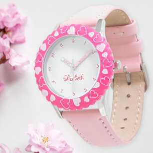 Schattige roze hartjes meisjes aangepaste naam mei horloge
