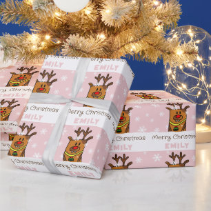 Schattige Roze Hert Tekening Sneeuwvlokken Meisje  Cadeaupapier