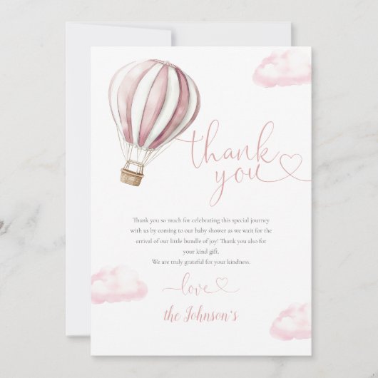 Schattige roze heteluchtballon Baby shower Bedankkaart (Voorkant)