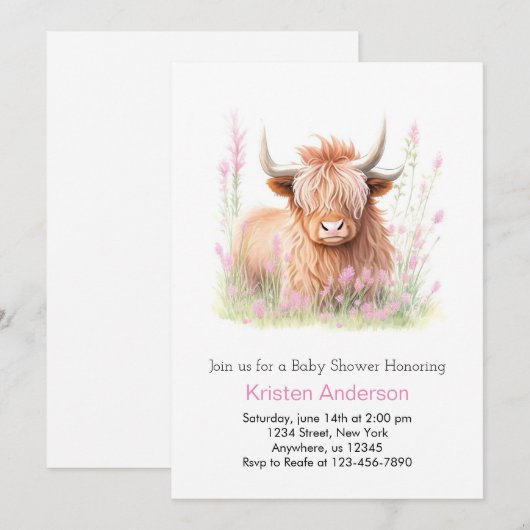 Schattige Roze Hoogland Koe Wildflower Meisje Baby Kaart (Voorkant / Achterkant)