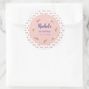 Schattige Roze Ice Cream Cone Meisje Verjaardag Ronde Sticker