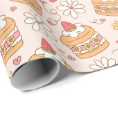 Schattige Roze Japans Aardbeienkoekenpatroon Cadeaupapier (Rol Hoek)