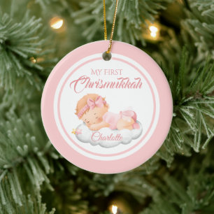 Schattige Roze Joodse Chanoeka Baby's Eerste Chris Keramisch Ornament
