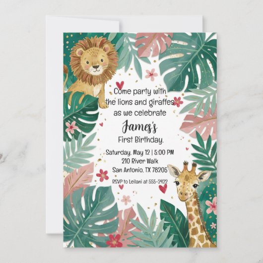 Schattige Roze Jungle Safari Eerste Verjaardag Jon Kaart (Voorkant)