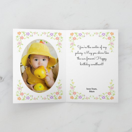 Schattige roze jurk prinses bloemenfoto Verjaardag Kaart (Binnen)