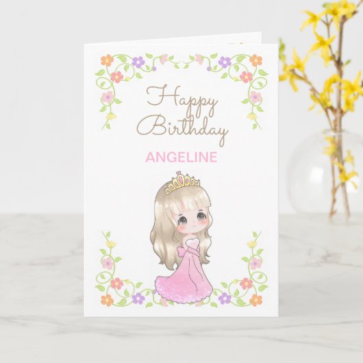 Schattige roze jurk prinses bloemenfoto Verjaardag Kaart (Gele Bloem)