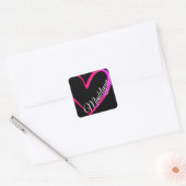 Schattige Roze Kalligrafie Hart op Zwart Custom Na Vierkante Sticker (Envelop)