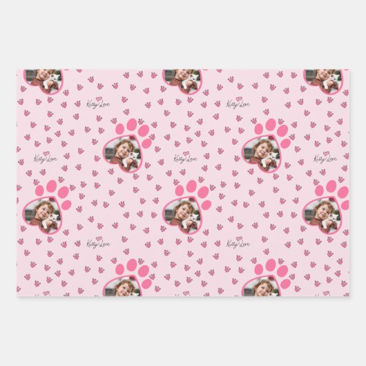 Schattige Roze Kat Liefde Custom Foto Kinder Inpakpapier Vel (Voorkant)