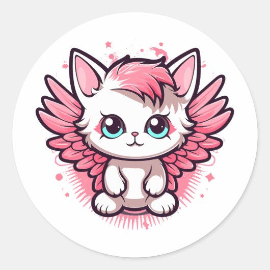 Schattige Roze Kawaii Kat met Vleugels Ronde Sticker (Voorkant)