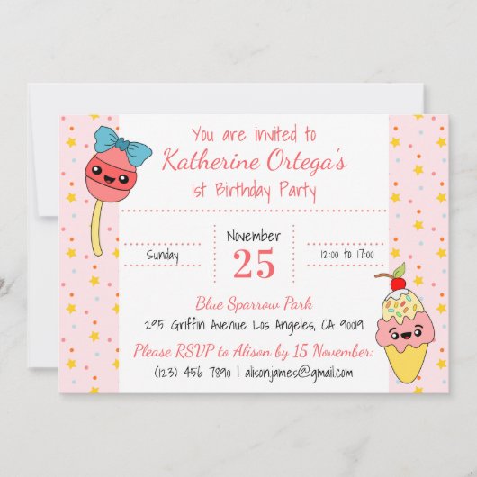 Schattige roze kawaii snoepjes happy 1st verjaarda kaart (Voorkant)