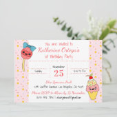 Schattige roze kawaii snoepjes happy 1st verjaarda kaart (Staand voorkant)