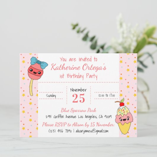 Schattige roze kawaii snoepjes happy 1st verjaarda kaart (Staand voorkant)