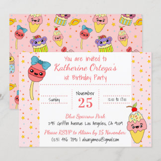 Schattige roze kawaii snoepjes happy 1st verjaarda kaart