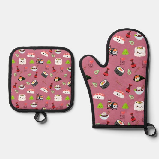Schattige Roze Kawaii Sushi Patterned Ovenwant & Pannenlap Set (Voorkant)