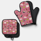 Schattige Roze Kawaii Sushi Patterned Ovenwant & Pannenlap Set (Voorkant / Achterkant)