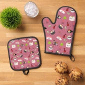 Schattige Roze Kawaii Sushi Patterned Ovenwant & Pannenlap Set (Top down)