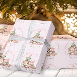 Schattige Roze Kerst inpakpapier Naam Baby Meisje