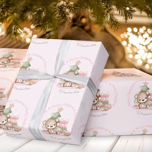 Schattige Roze Kerst inpakpapier Naam Baby Meisje