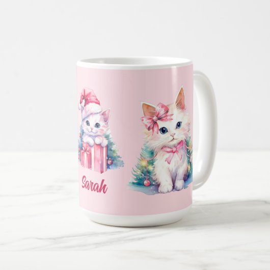 Schattige Roze Kerst Kittens Custom Koffiemok (Voorkant rechts)