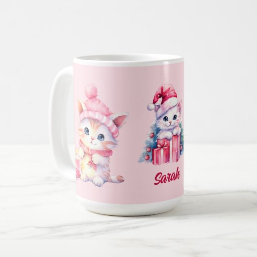Schattige Roze Kerst Kittens Custom Koffiemok (Voorkant links)
