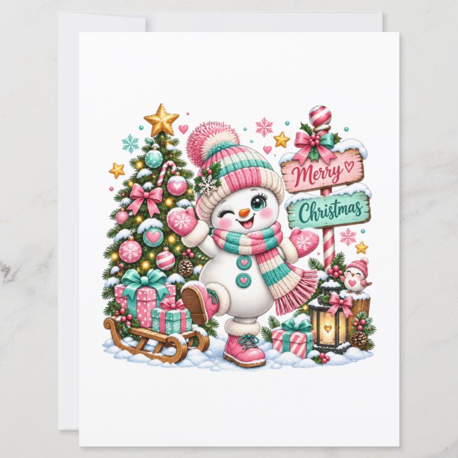 Schattige Roze Kerst Sneeuwman (Voorkant)
