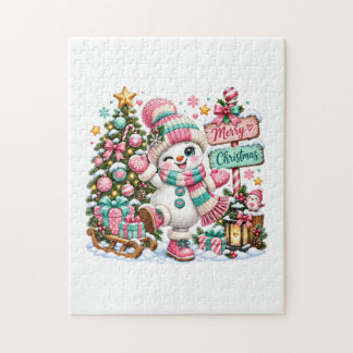 Schattige Roze Kerst Sneeuwman Legpuzzel