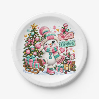 Schattige Roze Kerst Sneeuwman Papieren Bordje