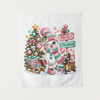 Schattige Roze Kerst Sneeuwman Wandkleed