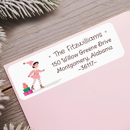 Schattige Roze Kerstelf Schaatsen Etiket