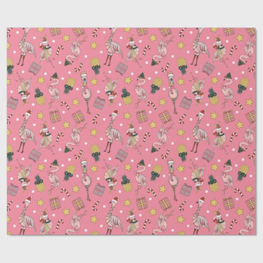 Schattige roze kerstflamingo en ananaspatroon cadeaupapier (Vlak)