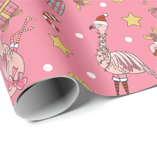 Schattige roze kerstflamingo en ananaspatroon cadeaupapier (Rol Hoek)