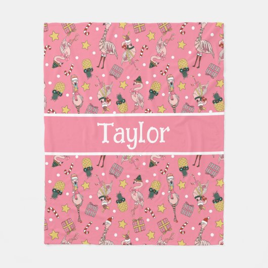 Schattige roze kerstflamingo en ananaspatroon fleece deken (Voorkant)