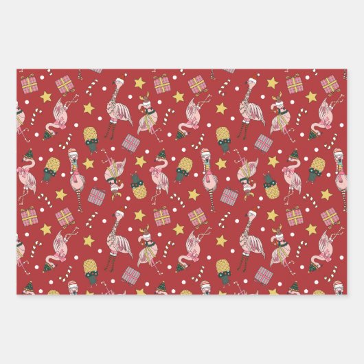 Schattige roze kerstflamingo en ananaspatroon inpakpapier vel (Voorkant 3)