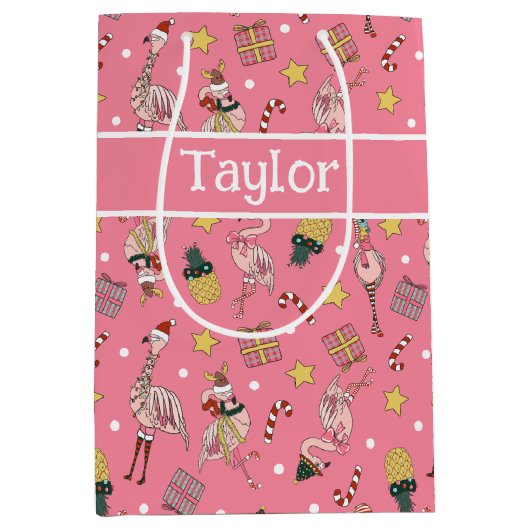 Schattige roze kerstflamingo en ananaspatroon medium cadeauzakje (Voorkant)