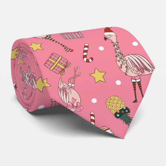 Schattige roze kerstflamingo en ananaspatroon stropdas (Opgerold)