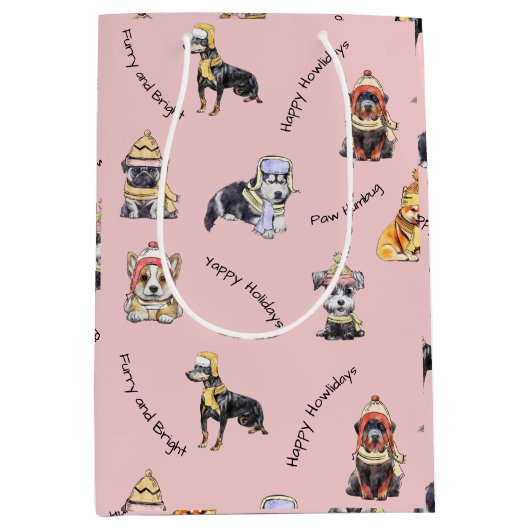 Schattige Roze Kersthondpatroon geïllustreerd Medium Cadeauzakje (Voorkant)