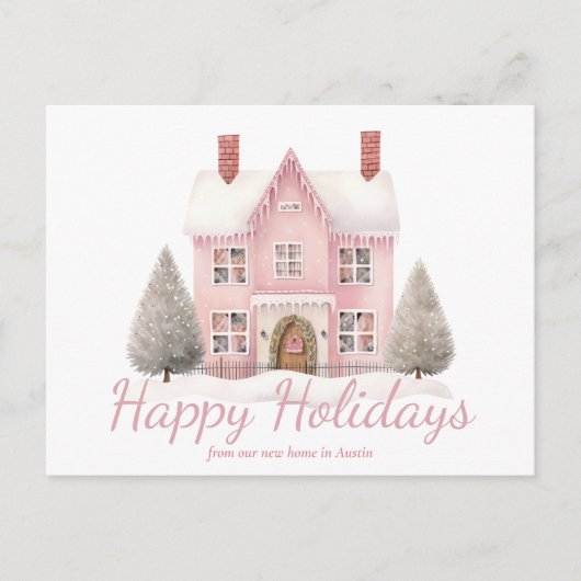 Schattige Roze Kersthuis Nieuw Thuis Adres Feestdagenkaart (Voorkant)