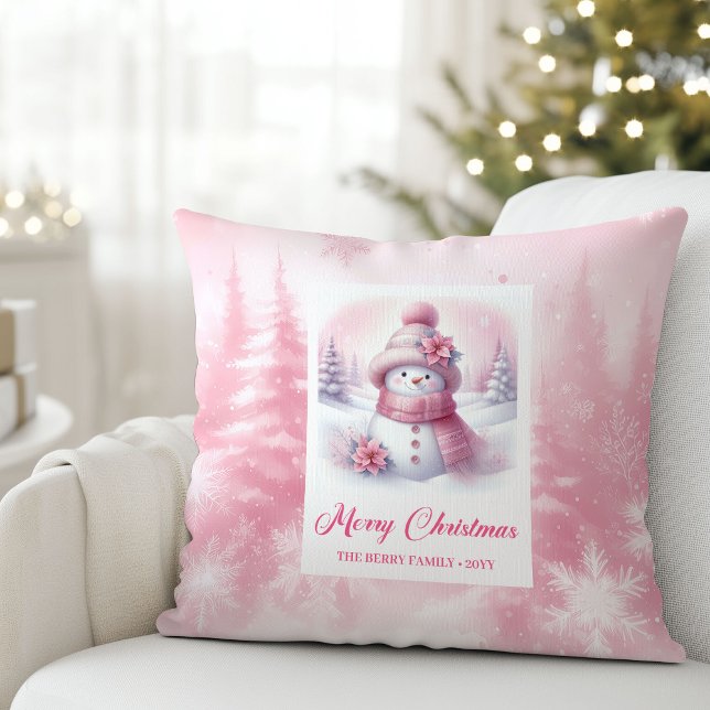 Schattige Roze Kerstman Kerstkussen Decoratie Kussen (Adorable Pinkmas Snowman Christmas Pillow Decor)