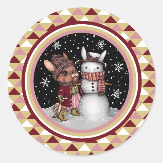 Schattige Roze Kerstmis Sneeuwkonijntje Konijnenil Ronde Sticker (Voorkant)