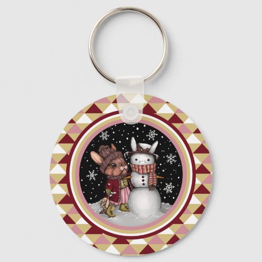 Schattige Roze Kerstmis Sneeuwkonijntje Konijnenil Sleutelhanger (Voorkant)