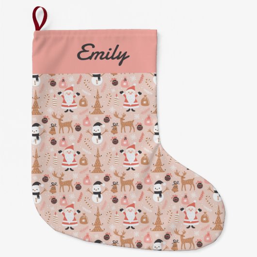 Schattige roze kerstpatroon met kerstman grote kerstsok (Voorkant)