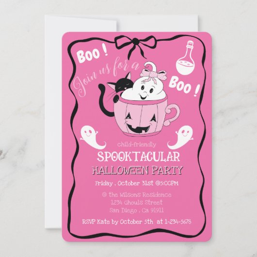 Schattige Roze Kind Halloween Uitnodiging met Blac (Voorkant)