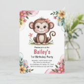 Schattige Roze Kinder Aap 1e Verjaardagsfeest Kaart (Staand voorkant)